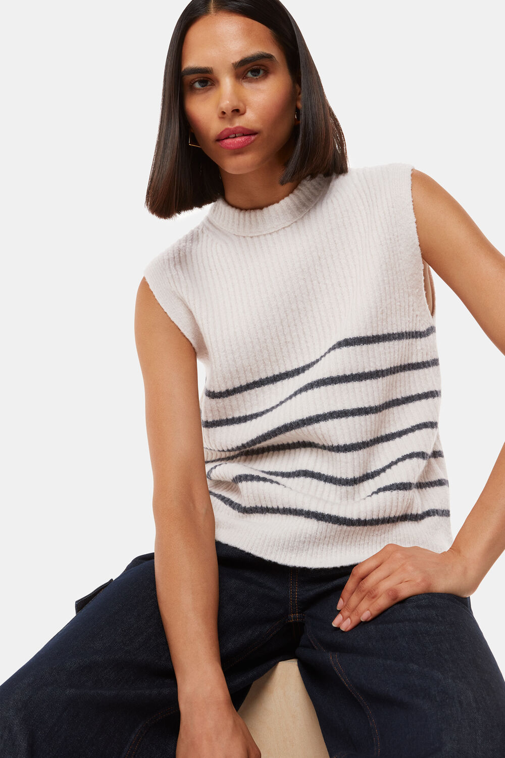 Ivory Stripe Textured Sweater Vest