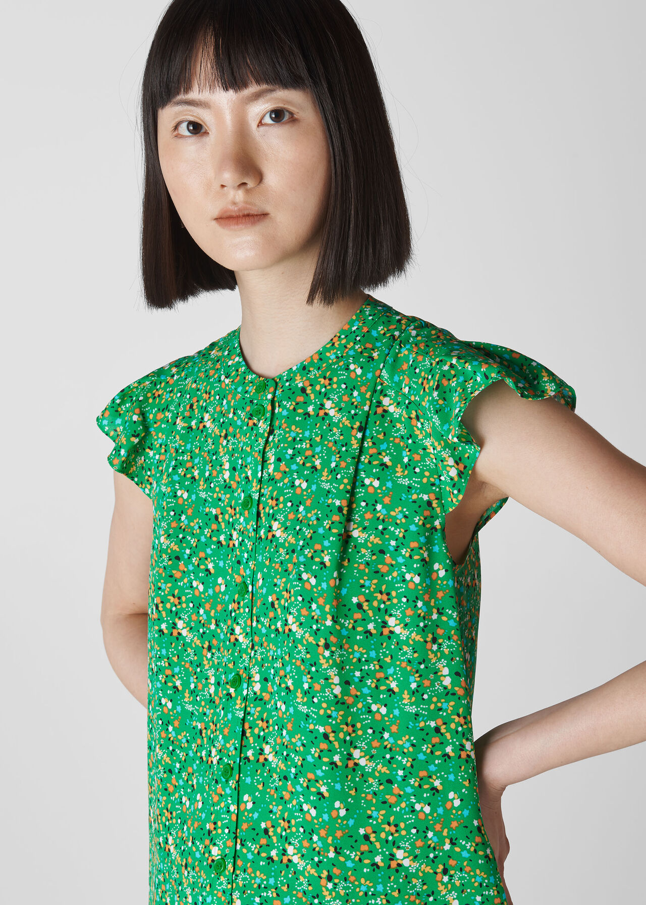 Green/Multi Ditsy Blossom Pleated Blouse | WHISTLES