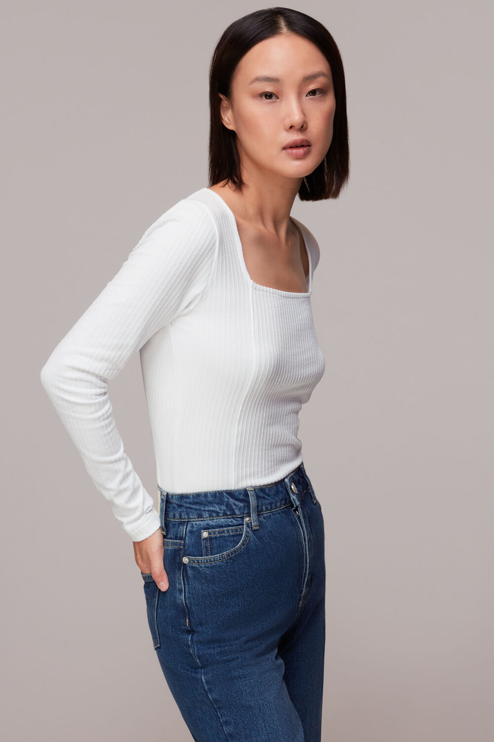 White Square Neck Long Sleeve Rib