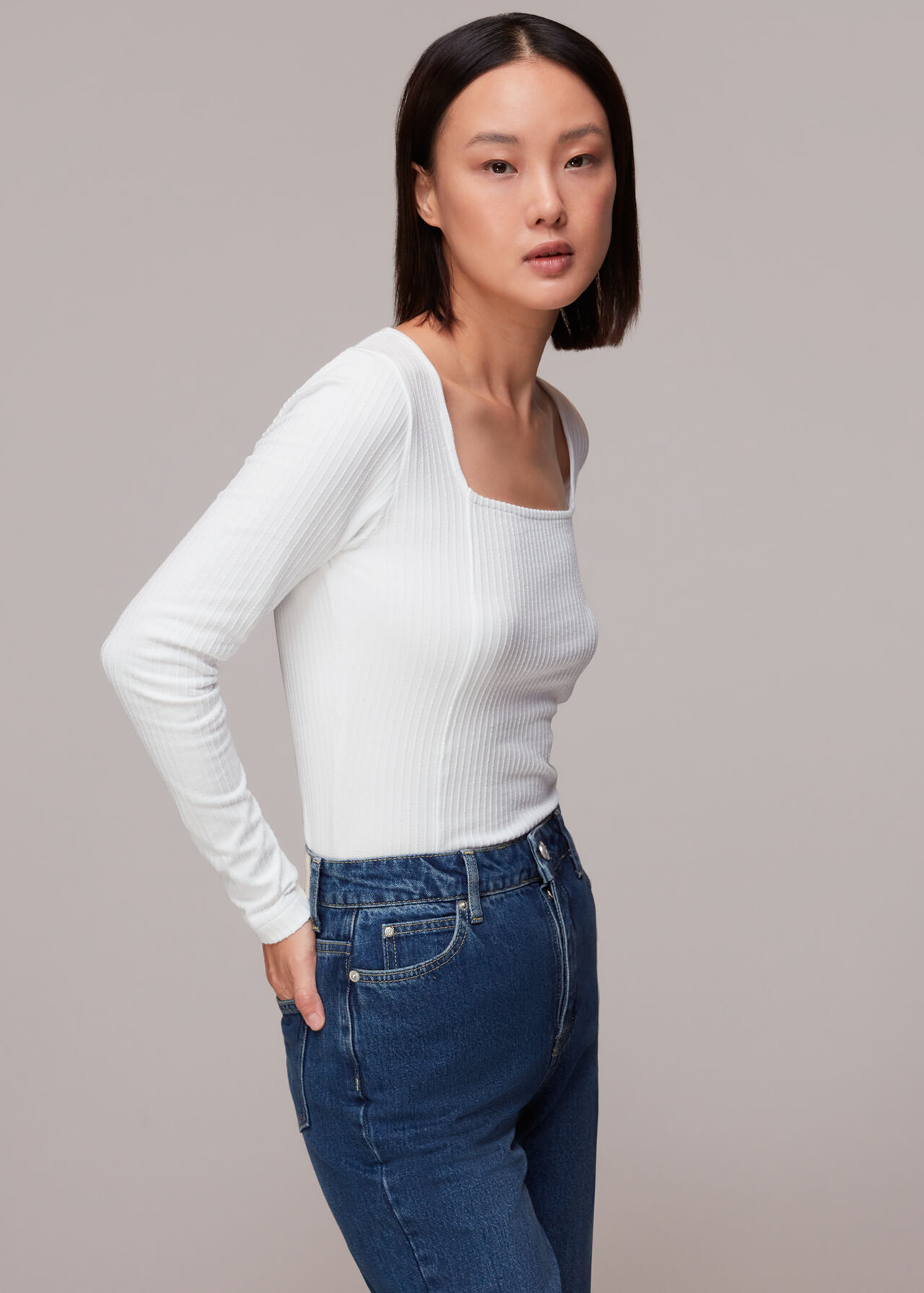 White Square Neck Long Sleeve Rib, WHISTLES