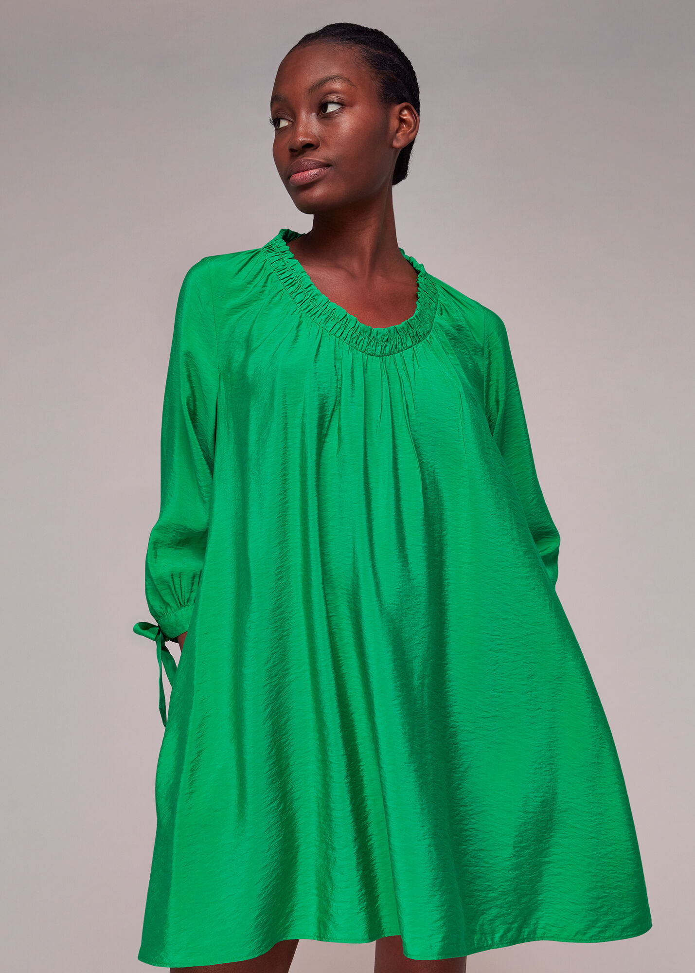 Green Lydia Gathered Trapeze Dress WHISTLES