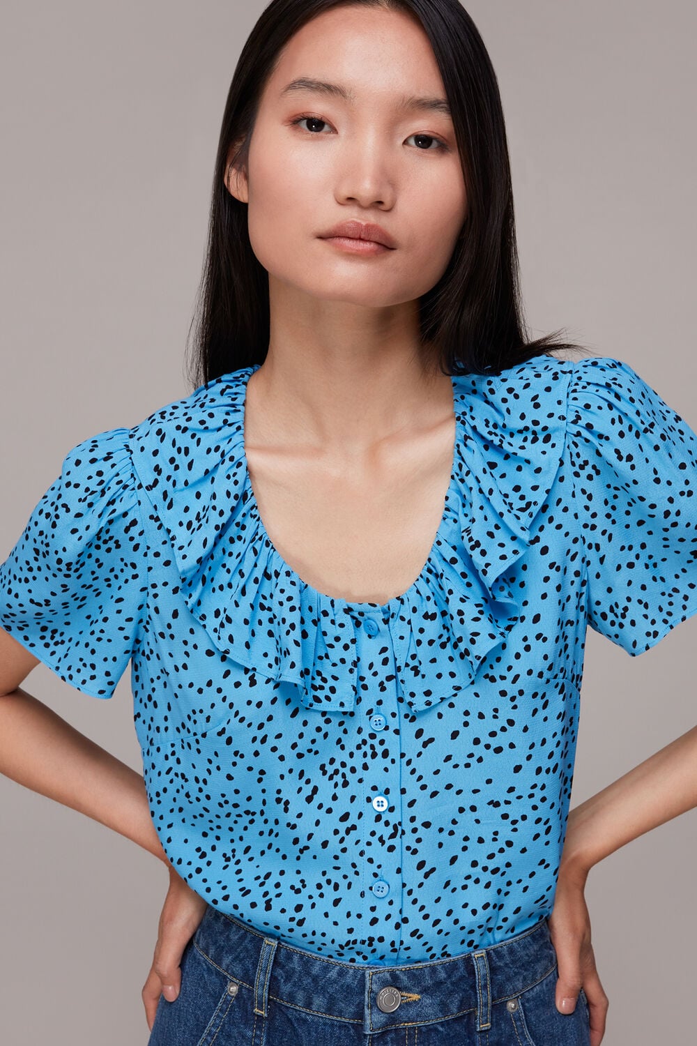 Blue Spotted Dot Collar Top