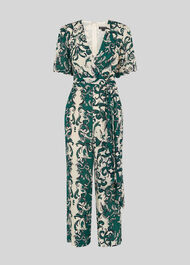 Baroque Print Silk Jumpsuit Green/Multi