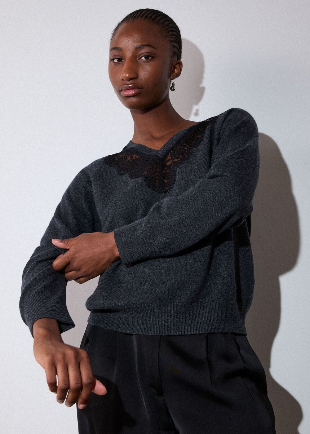 Dark Grey Wool Mix Lace Trim Knit