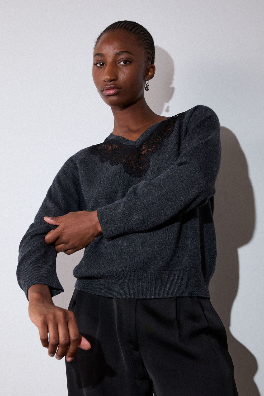 Dark Grey Wool Mix Lace Trim Knit