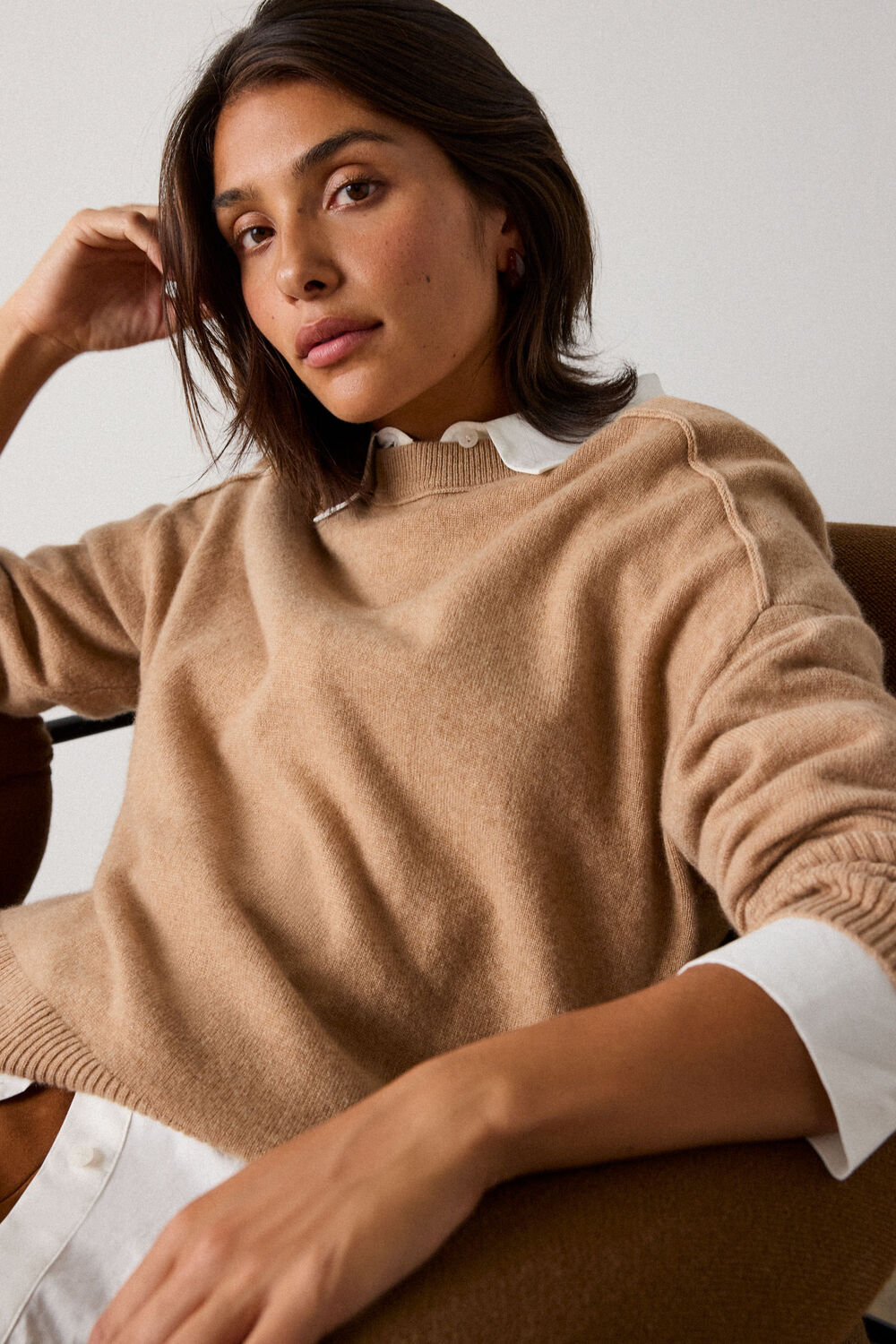 Camel Cashmere Seam Detail Crew Knit