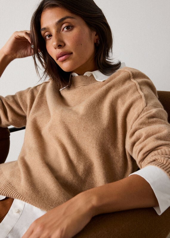 Camel Cashmere Seam Detail Crew Knit