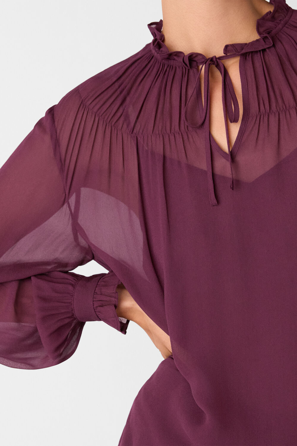 Plum Tie Neck Detail Sheer Blouse