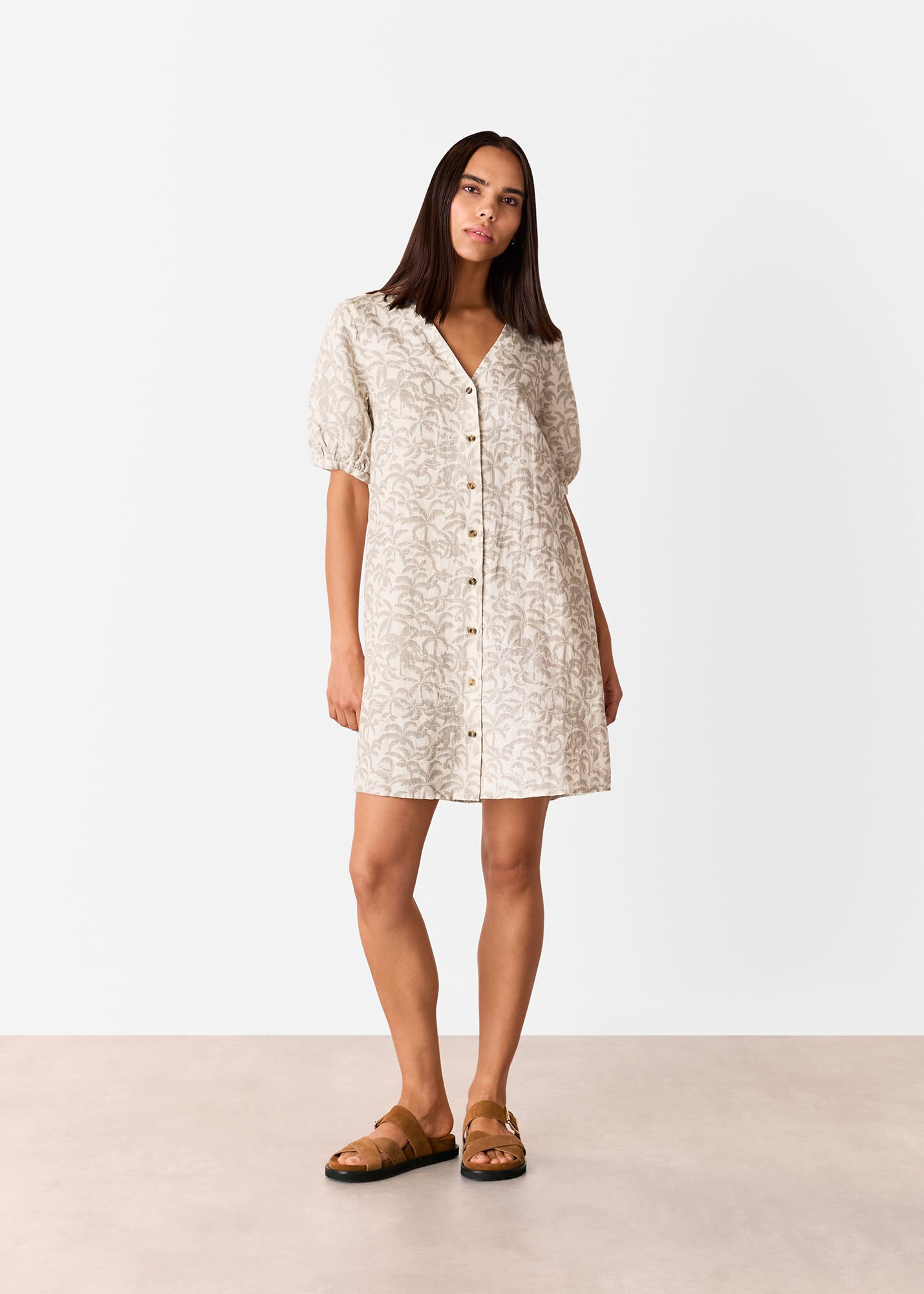 Ivory/Multi Palm Print Linen Blend Dress | WHISTLES | Whistles US |