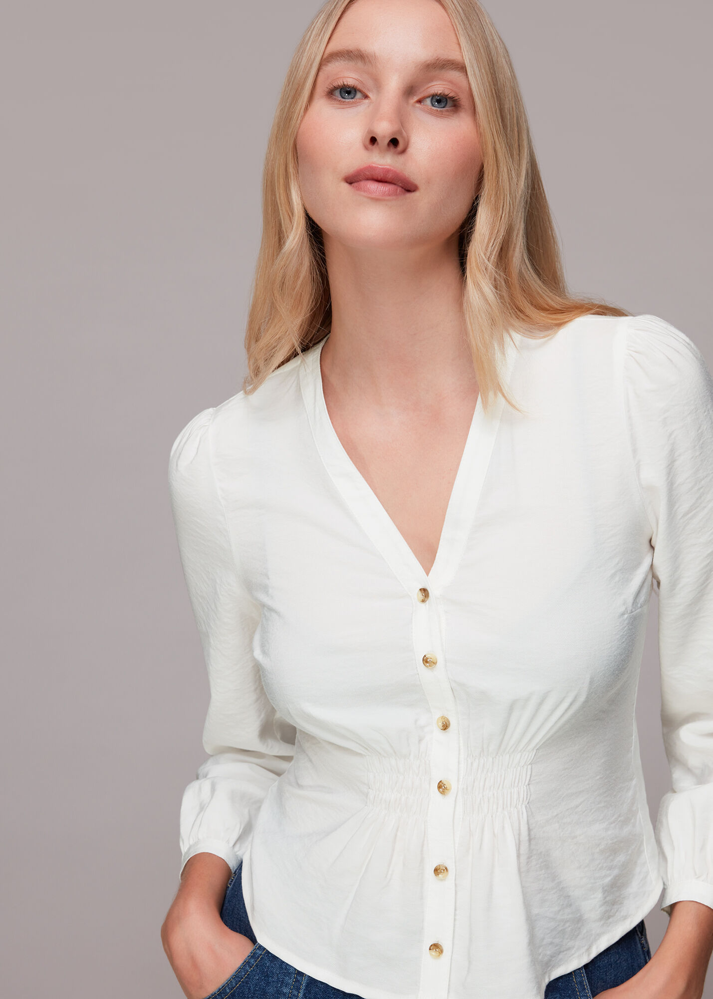 Ivory/Multi Ariel Shirred Detail Blouse | WHISTLES | Whistles UK |