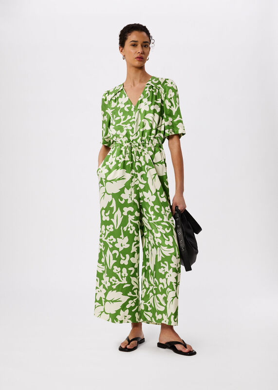 Green Floral Tie Waist Jumpsuit