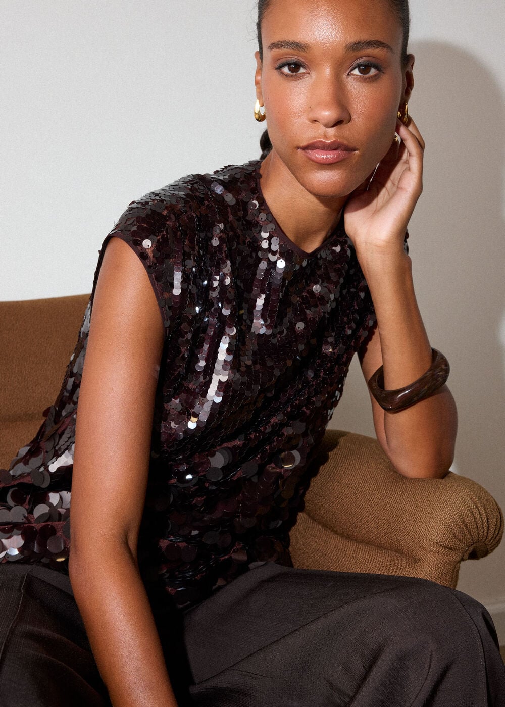 Chocolate Degrade Sequin Cap Sleeve Top