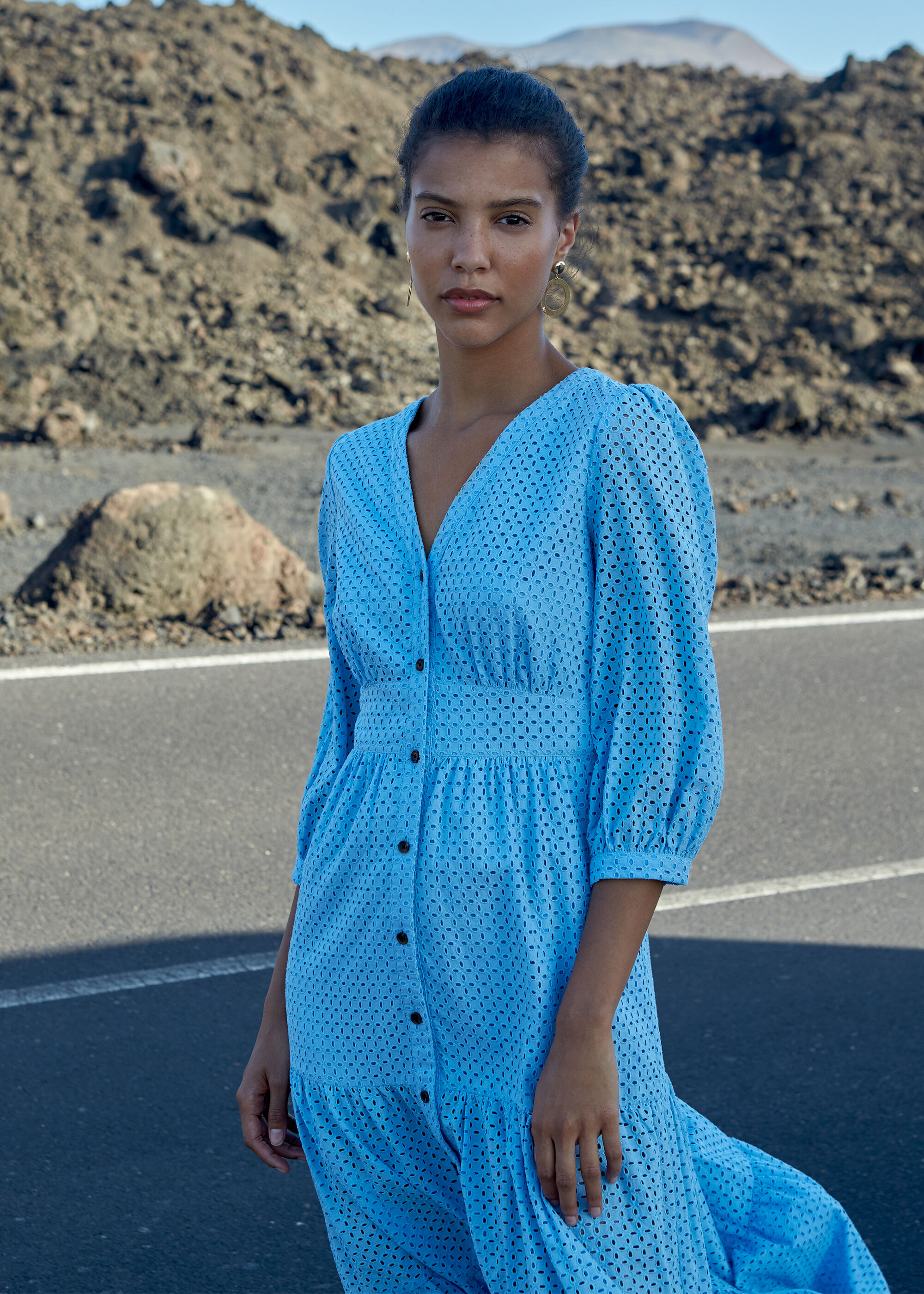 Pale Blue Sara Midi Broderie Dress ...