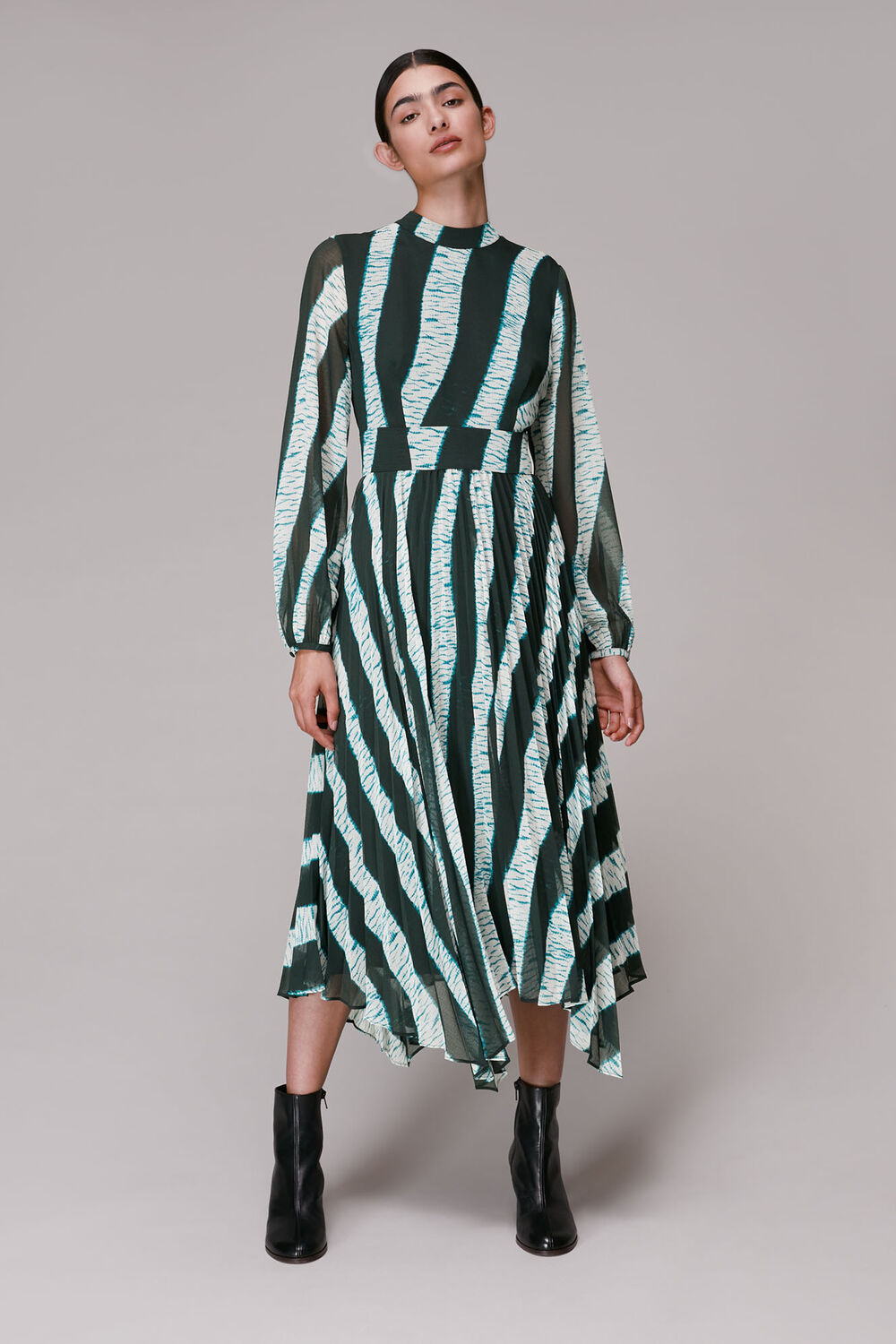 Black Shibori Print Pleated Dress