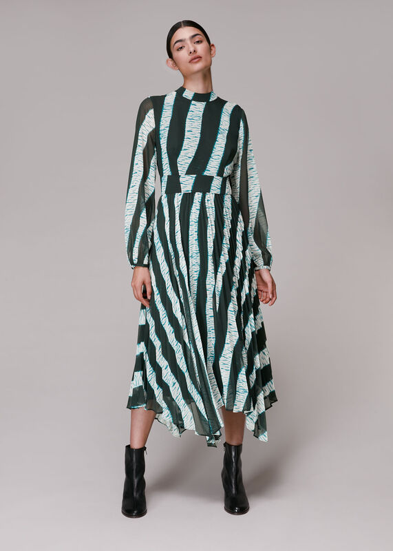 Black Shibori Print Pleated Dress