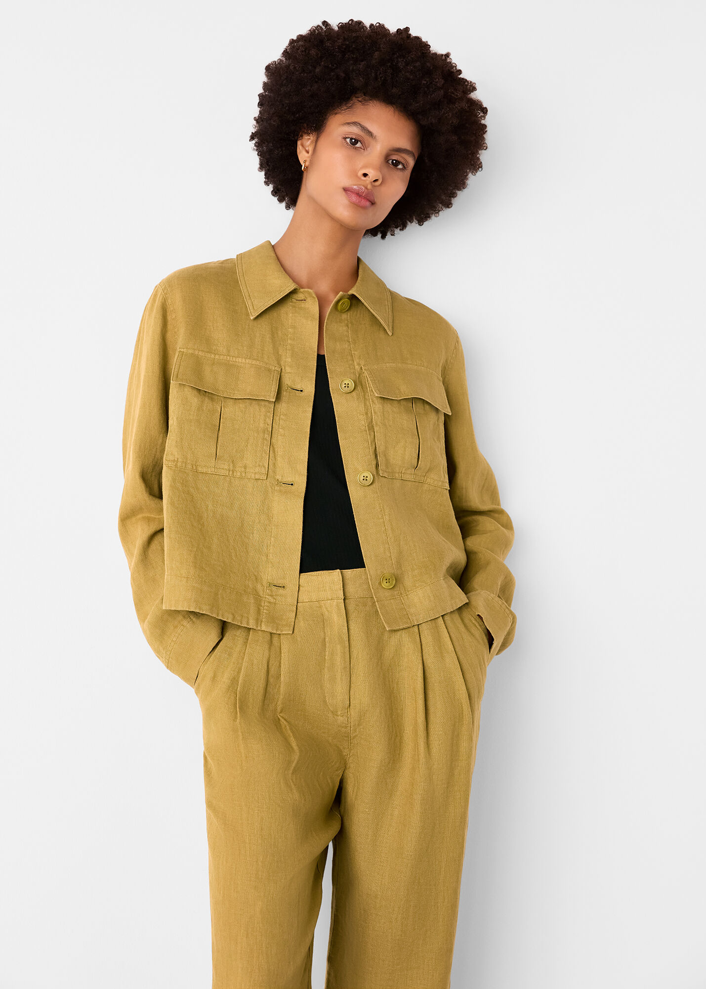 Olive Abby Linen Casual Jacket | WHISTLES | Whistles US |