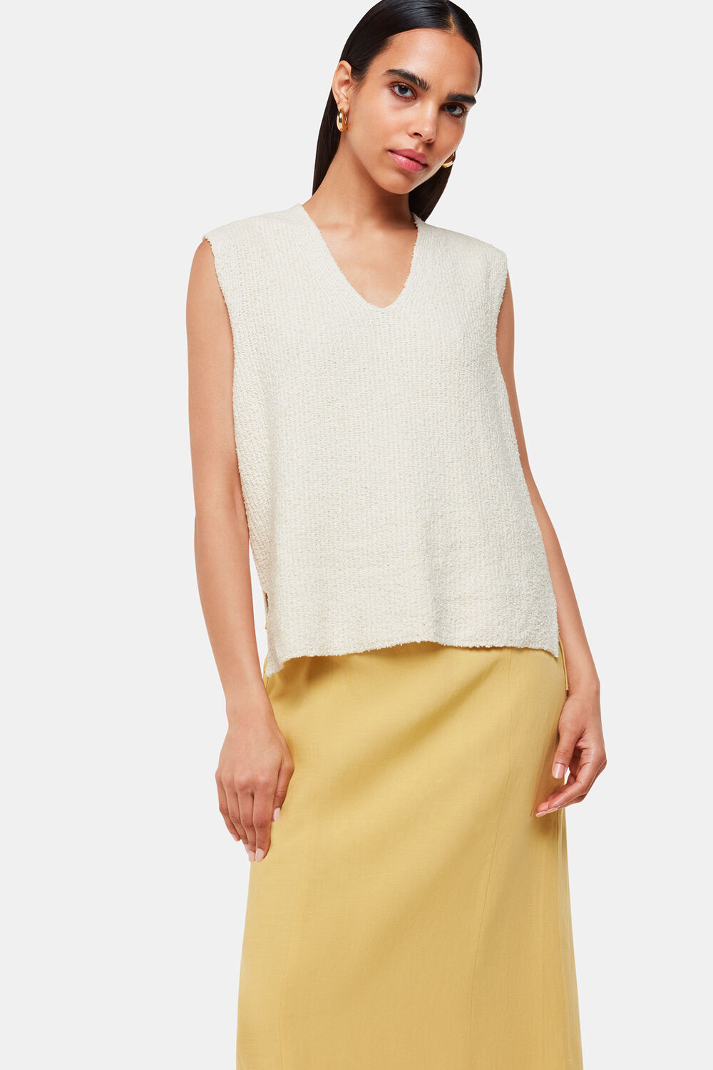 Ivory Cotton Textured V Neck Tank