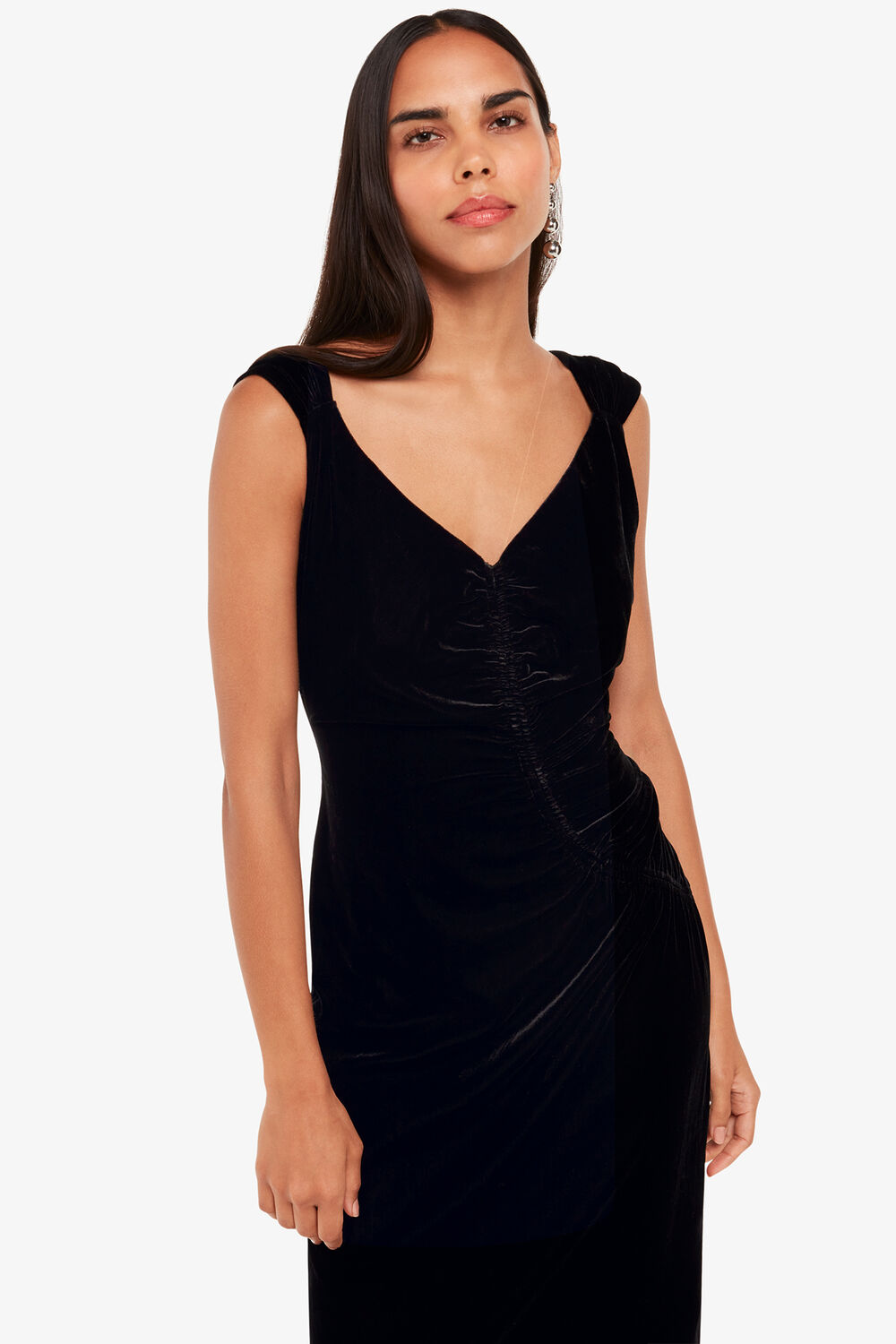 Black Draped Velvet Midi Dress