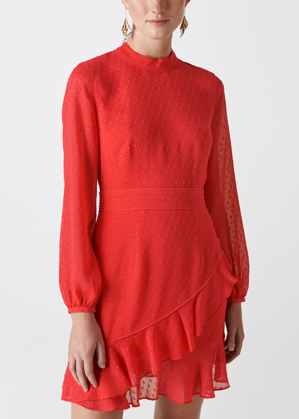 High Neck Dobby Frill Dress Red