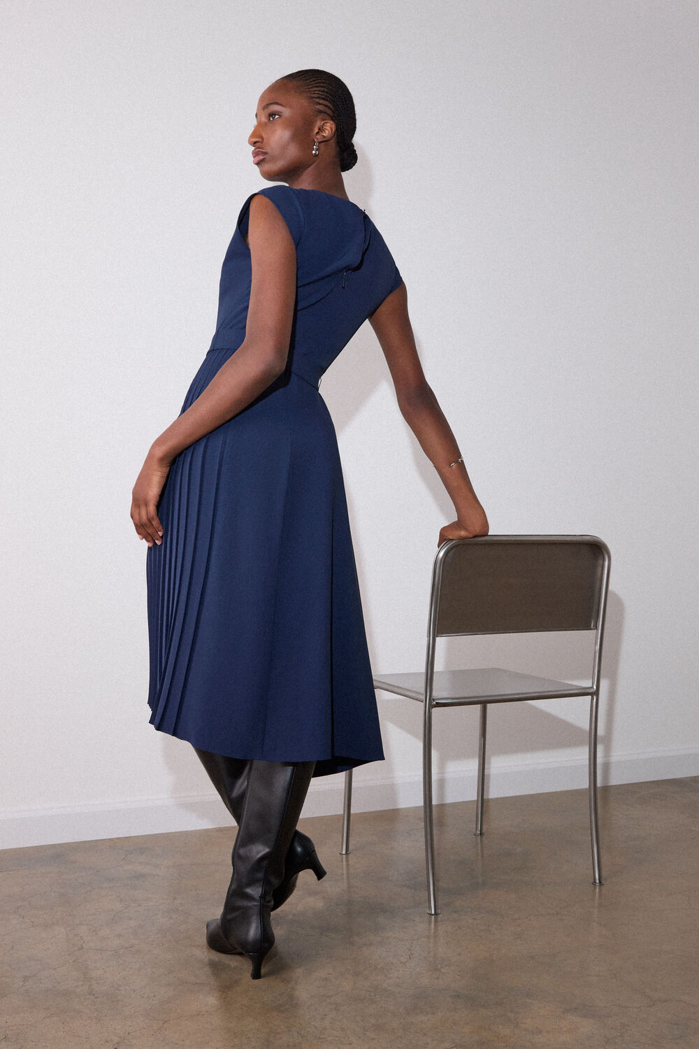 Navy Pleat Detail Asymmetric Midi Dress