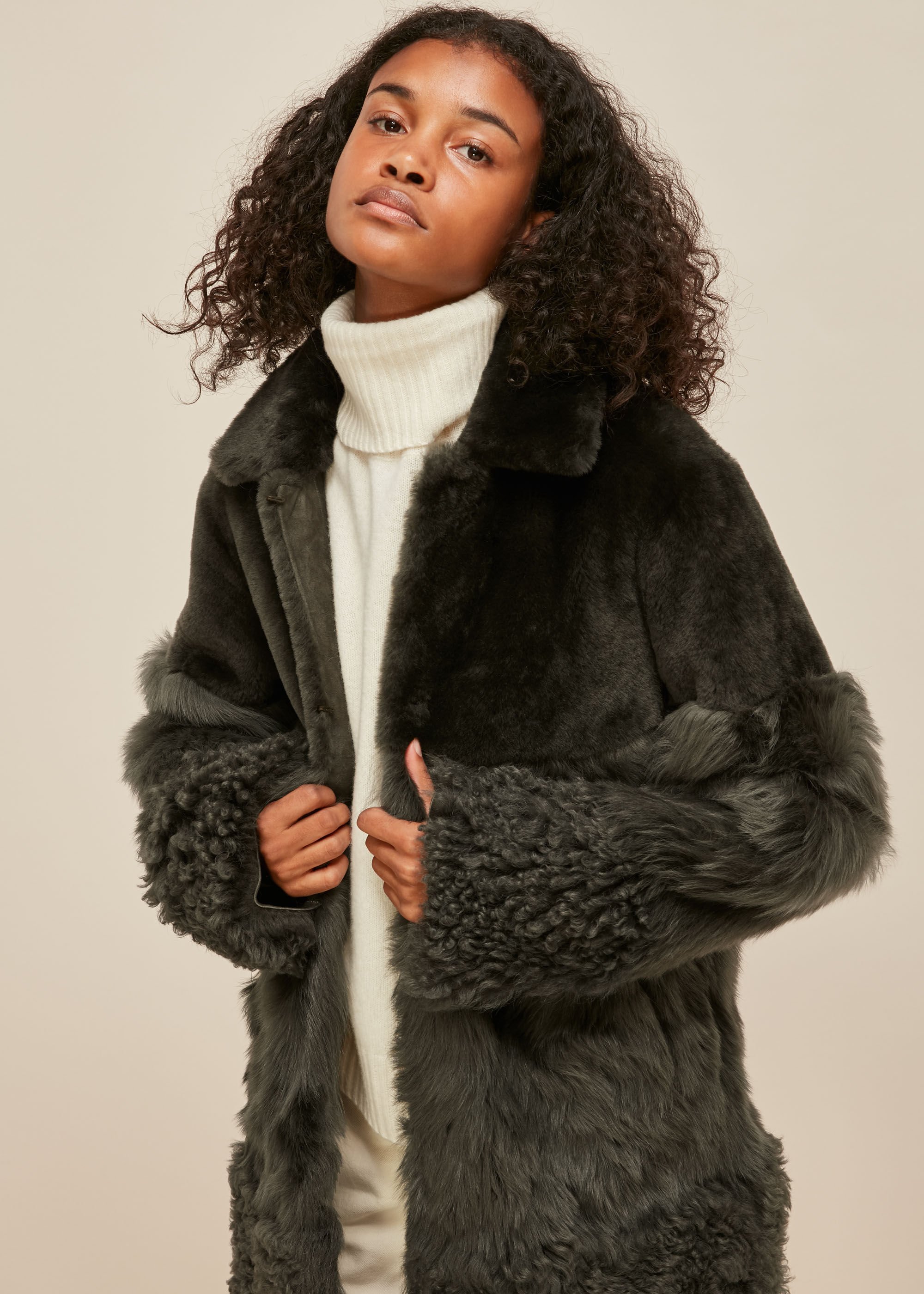 Khaki faux fur coat online