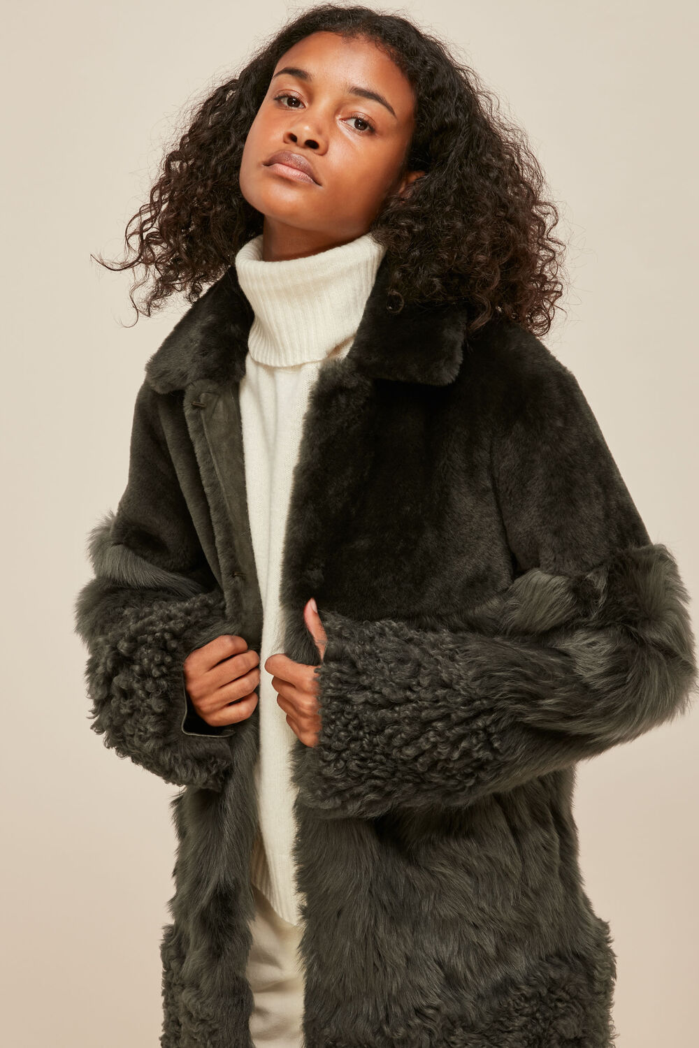 Khaki Cosma Shearling Coat