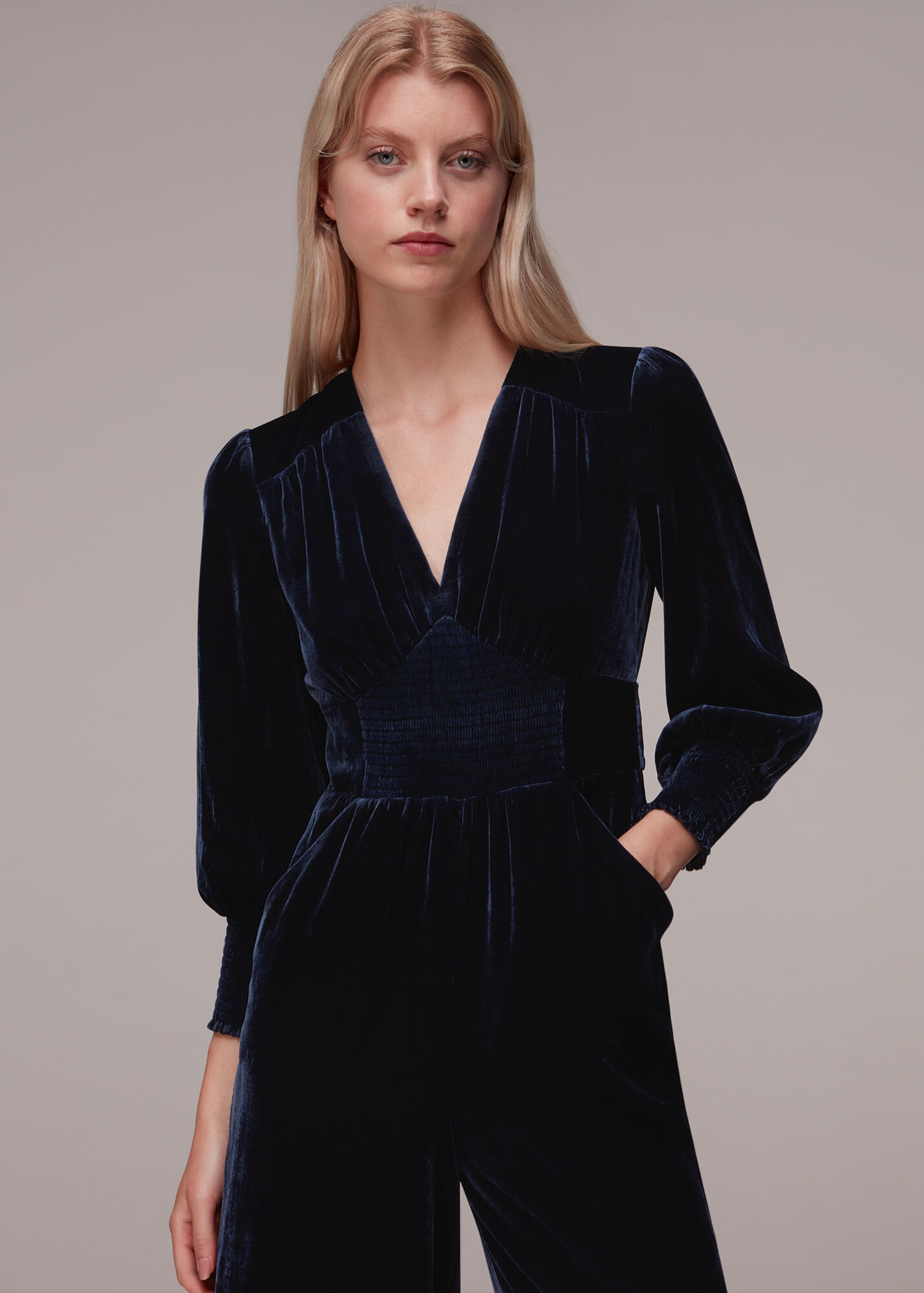 Navy Maisey Shirred Velvet Jumpsuit WHISTLES