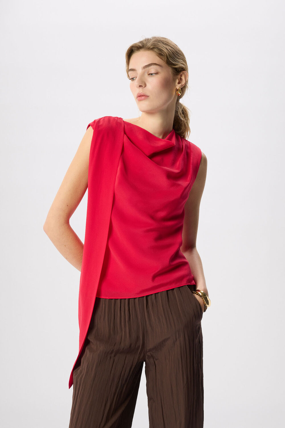 Red Cowl Neck Silk Drape Top