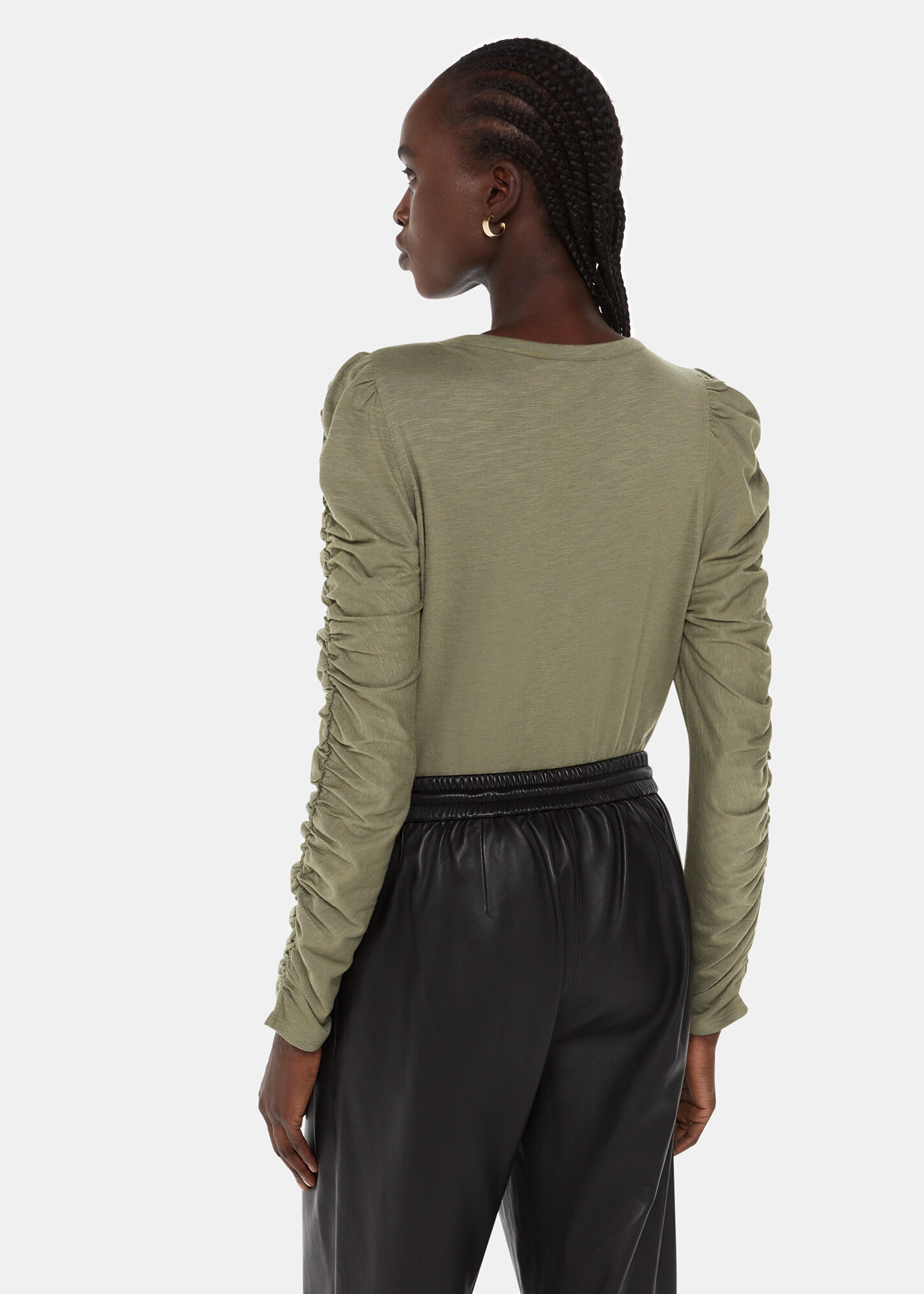Khaki Ruched Sleeve Top | WHISTLES | Whistles US |