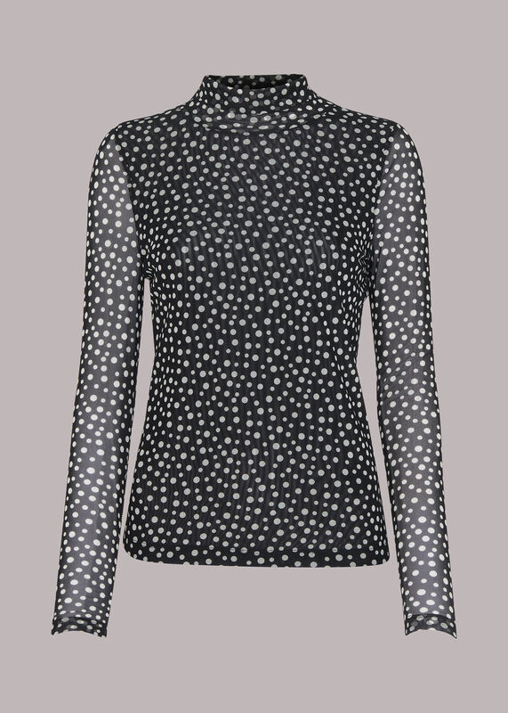 Black Roll Neck Spot Mesh Top