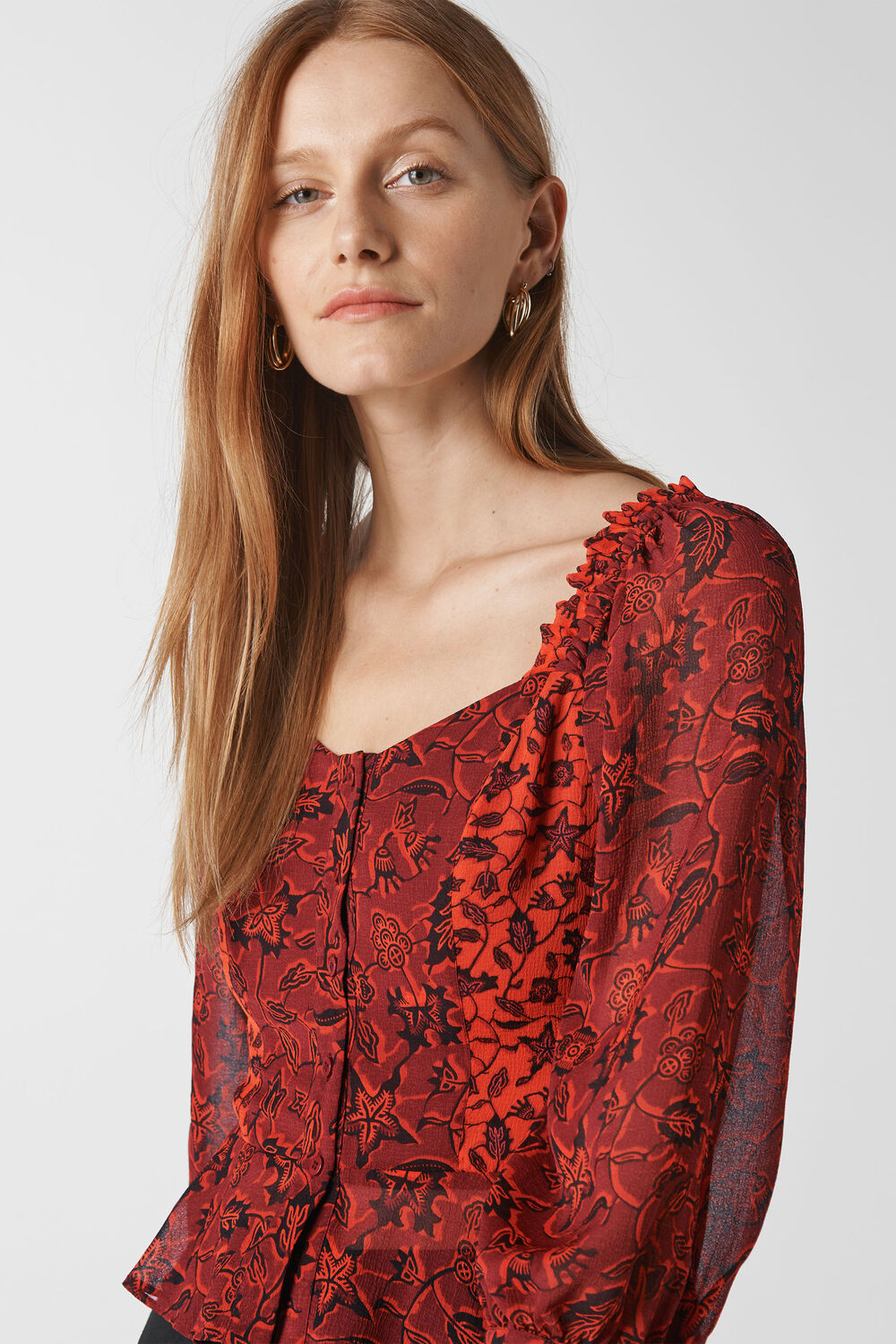 Batik Leaf Print Top Red/Multi