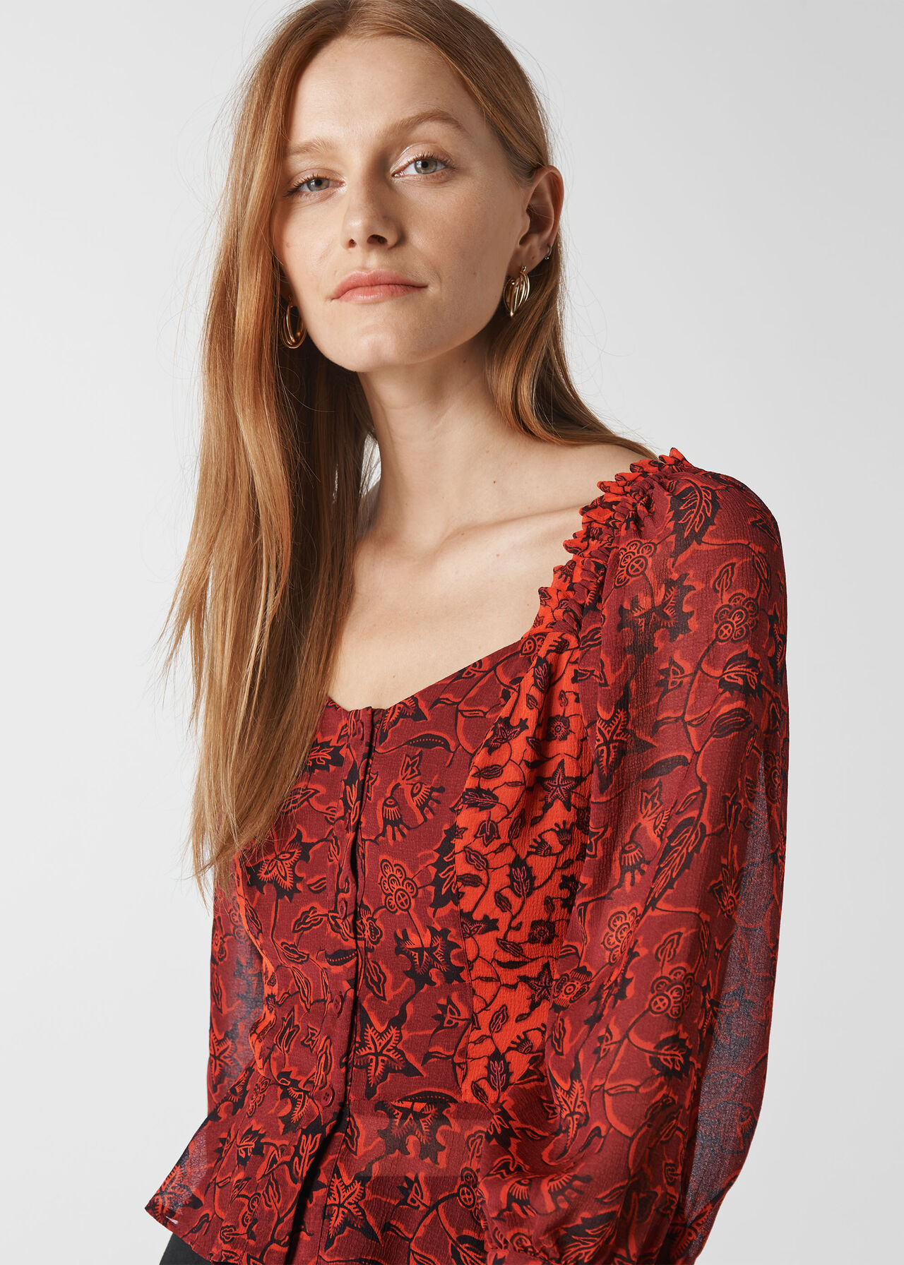 Batik Leaf Print Top Red/Multi