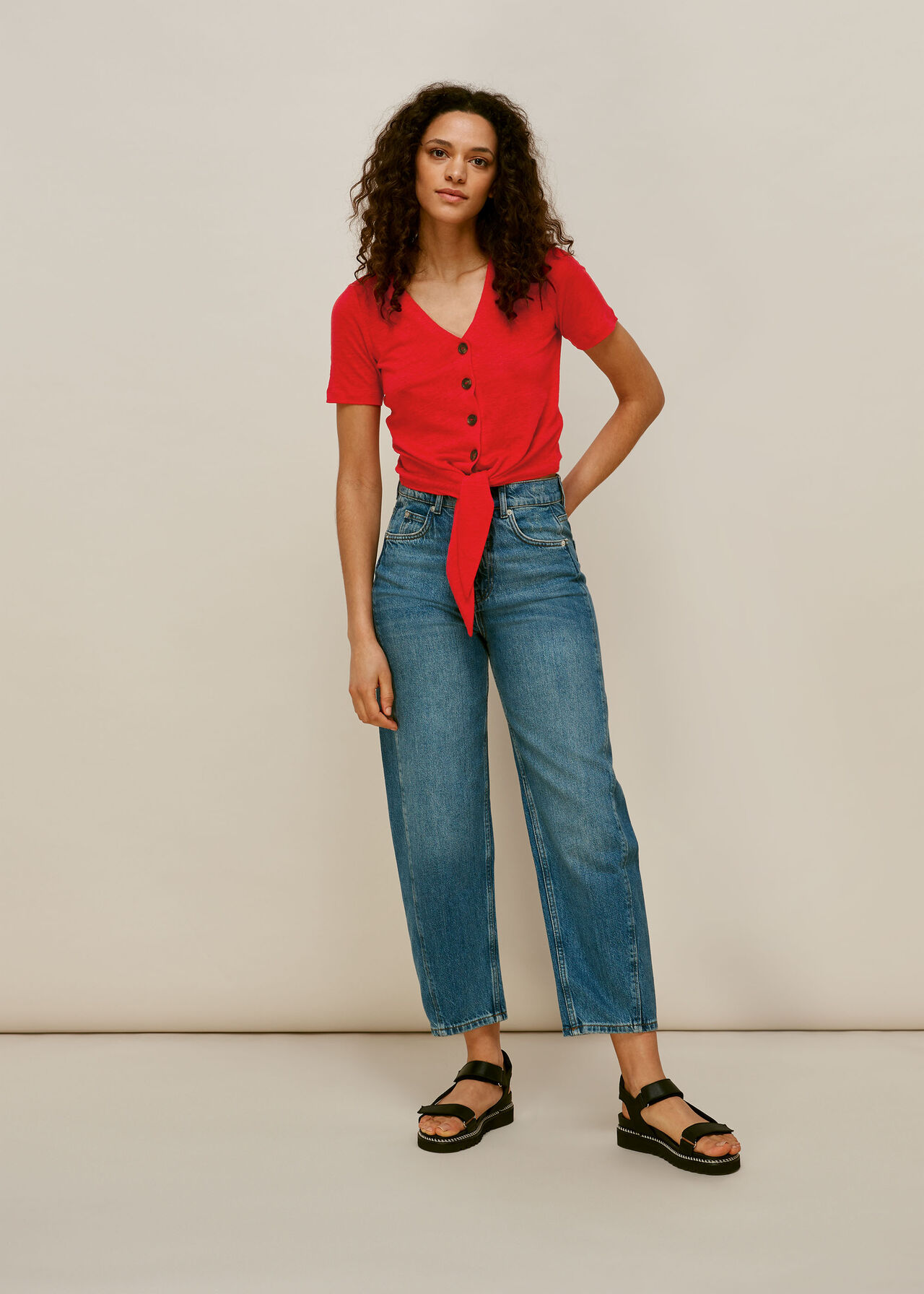 Linen Button Front Tie Top Red