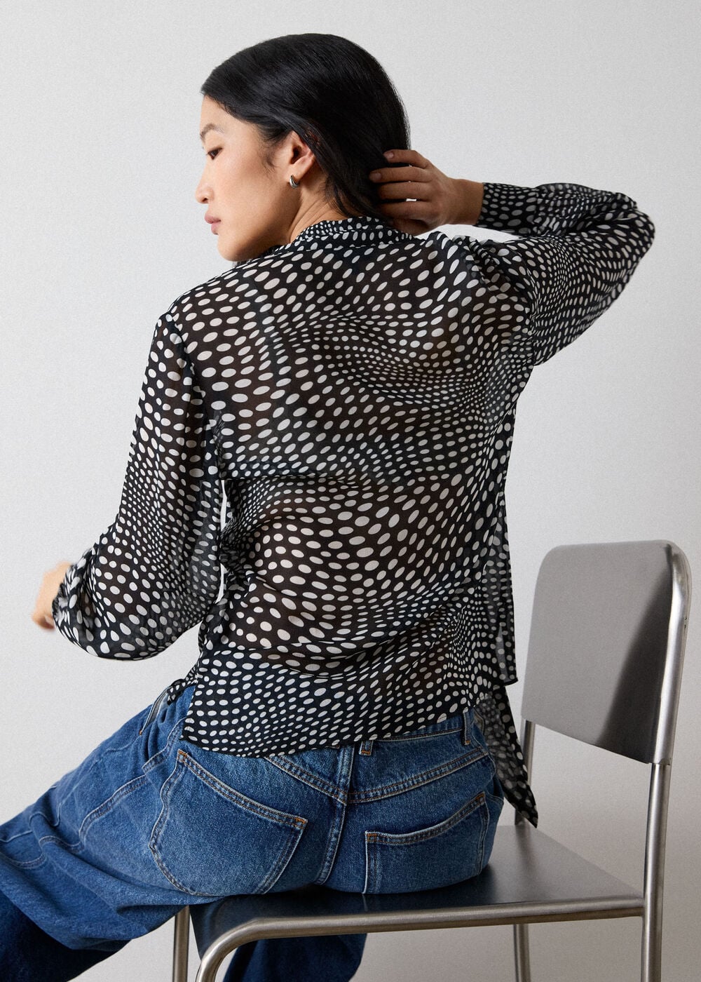 Mixed Spot Scarf Sheer Blouse