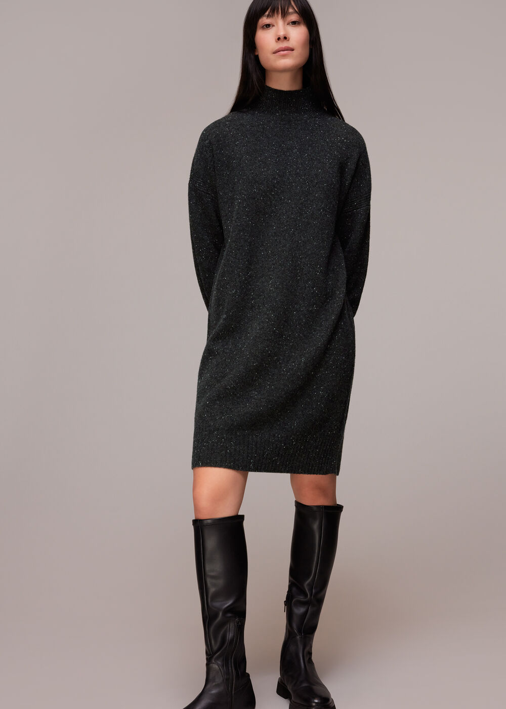 Funnel Neck Flecked Knit Dress
