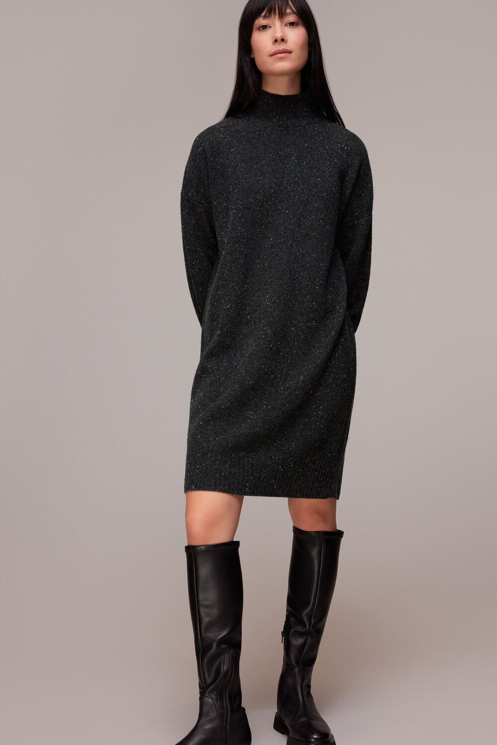 Funnel Neck Flecked Knit Dress