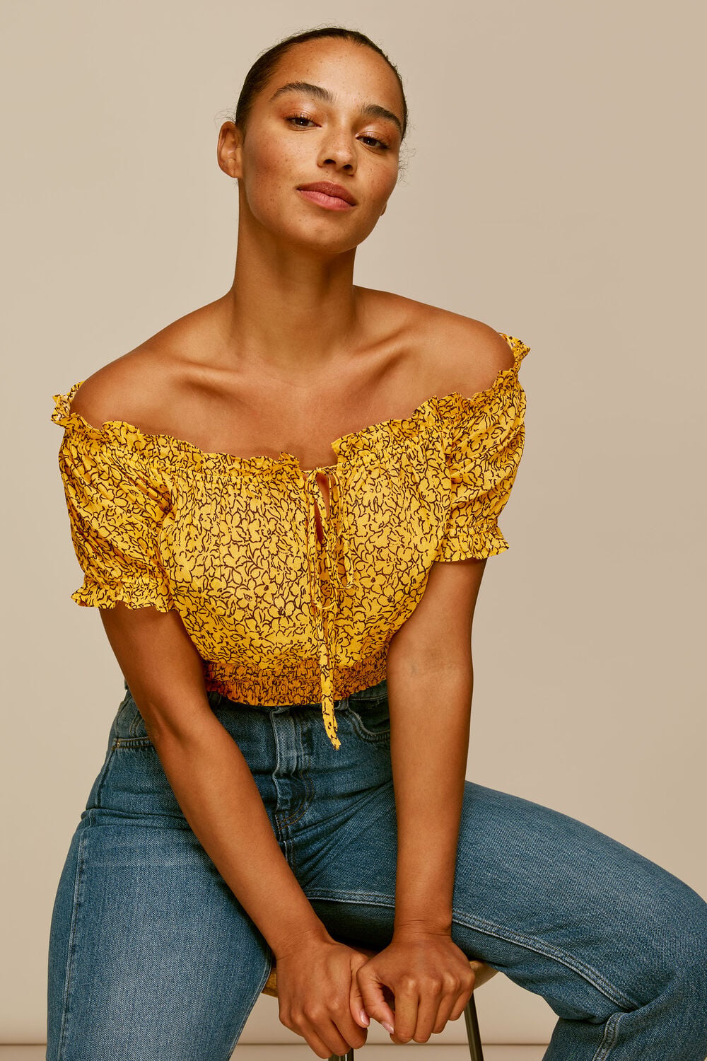 Floral Line Beach Crop Top Yellow/Multi