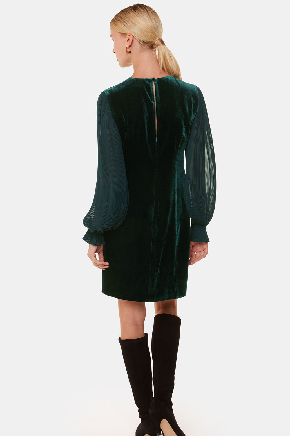 Dark Green Velvet Pleated Sleeve Dress