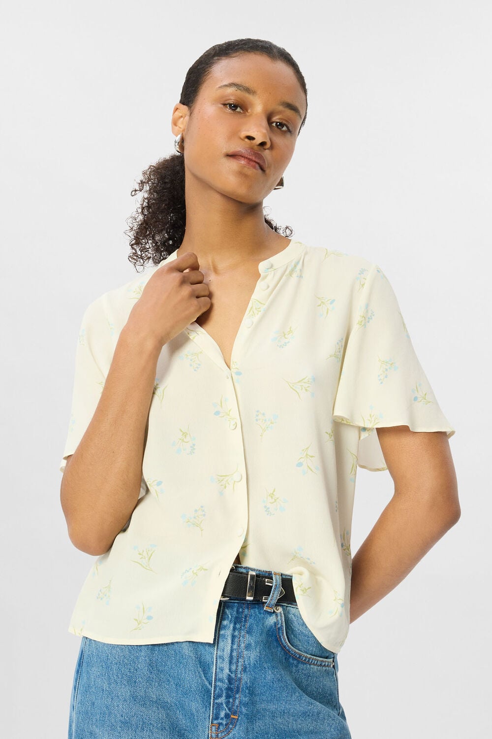Ivory Floral Button Front Shirt