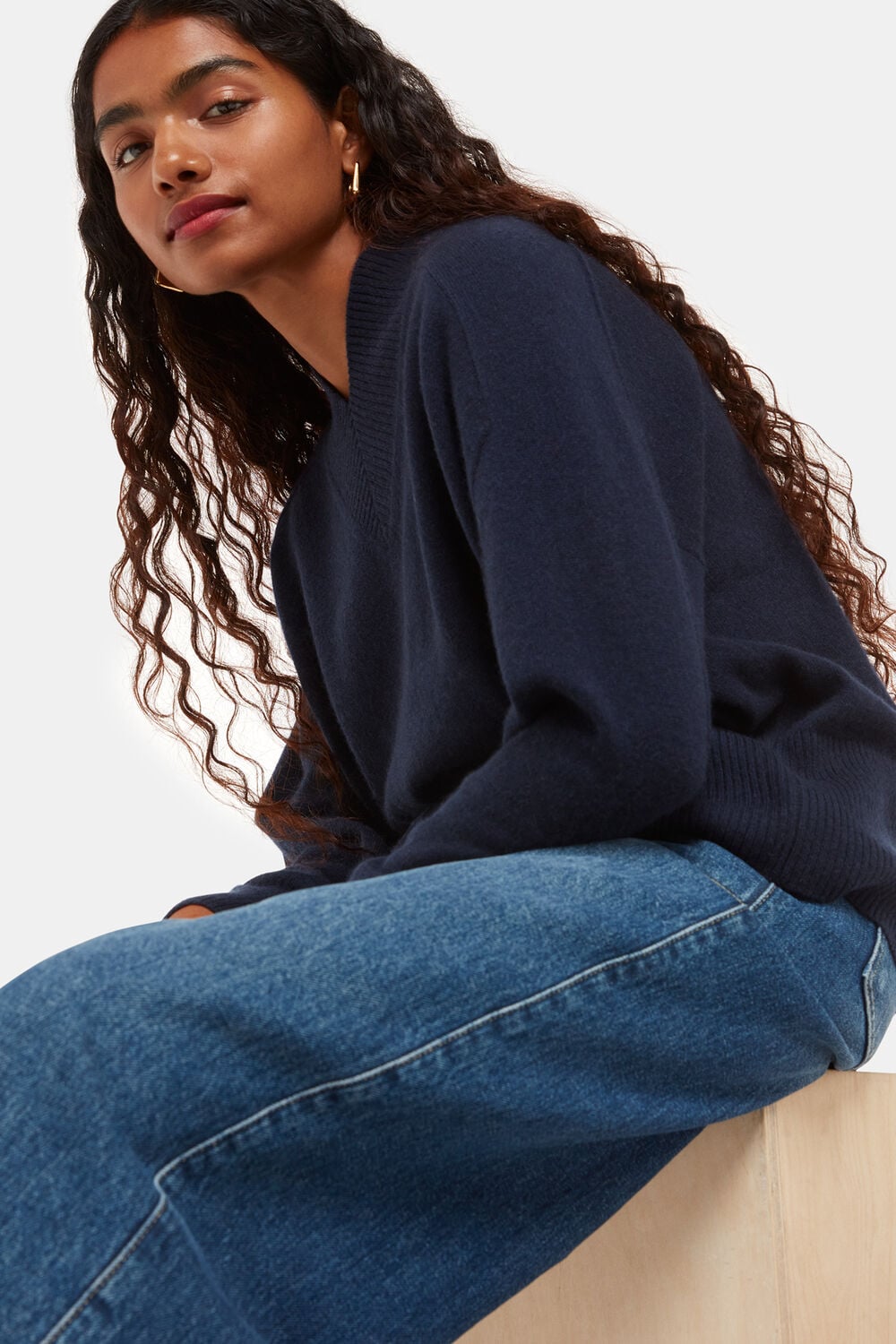 Navy Petite Cashmere V Neck Sweater