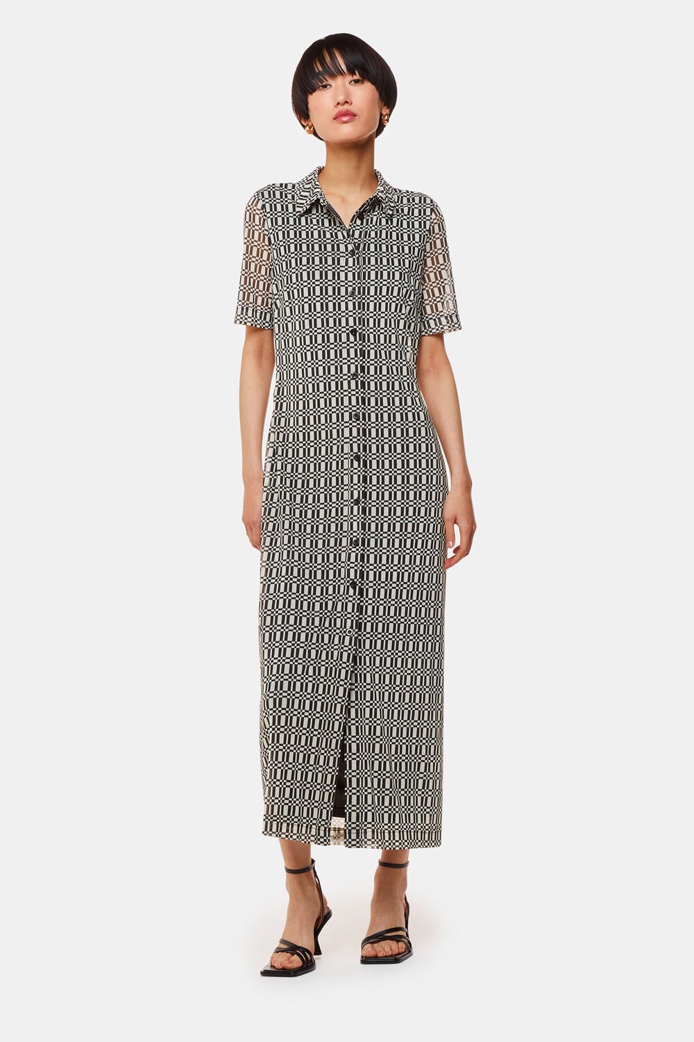 Black Link Check Mesh Shirt Dress