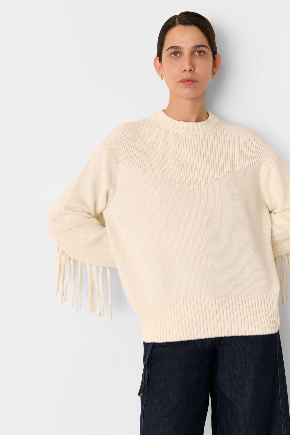 Ivory Fringed Rib Detail Sweater