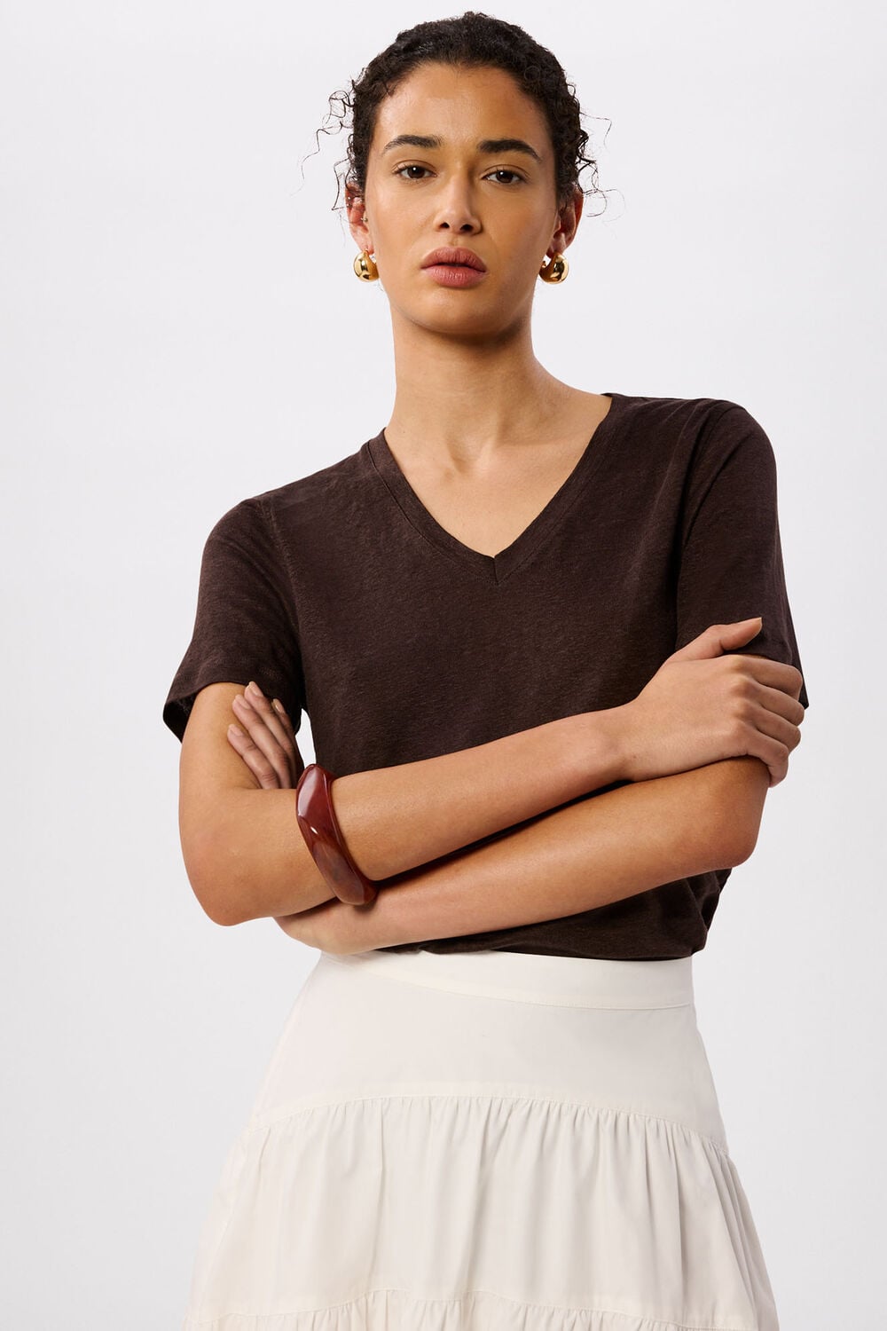 Brown Linen V Neck T-Shirt