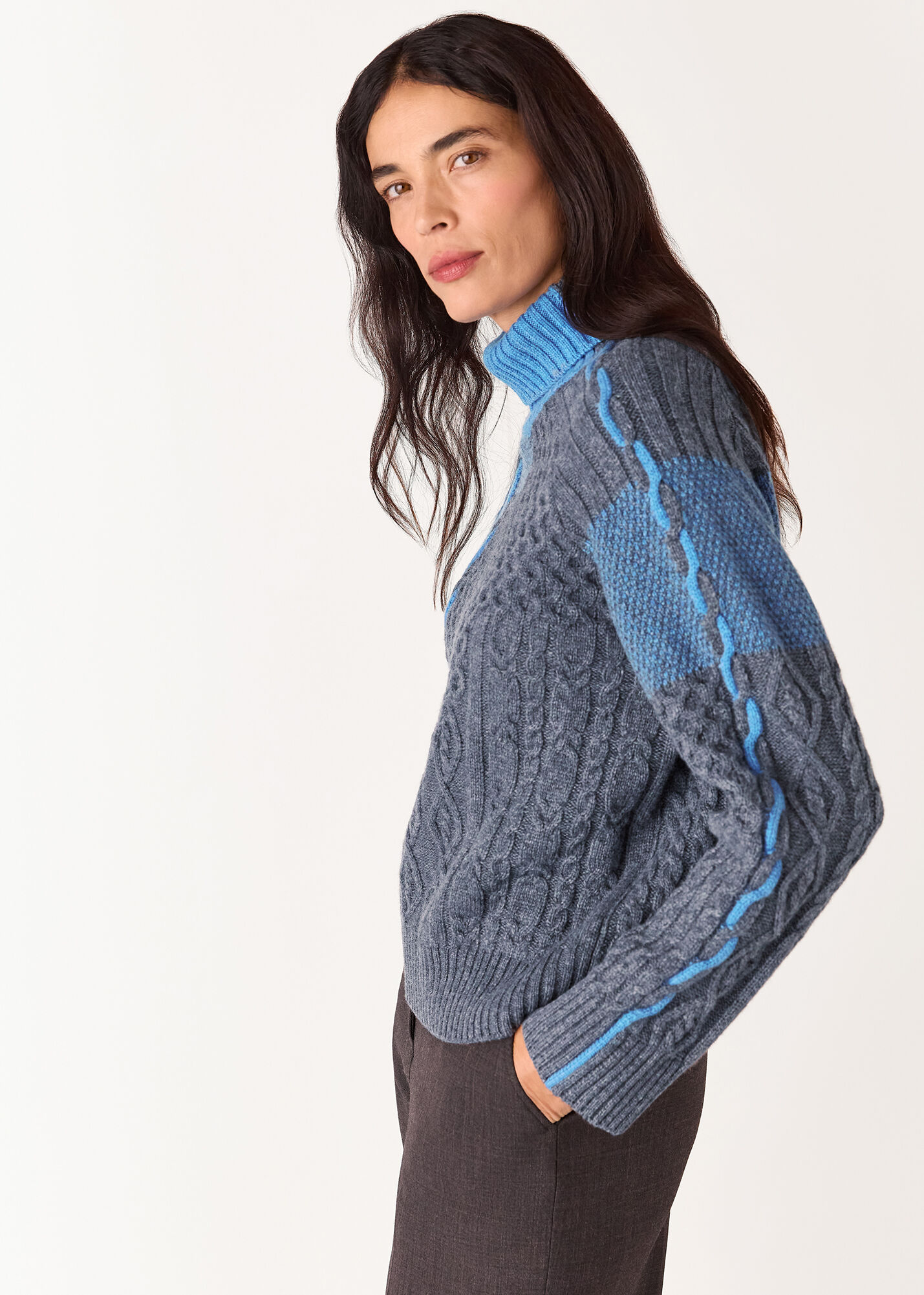 Blue/Multi Patchwork Cable Knit Sweater | WHISTLES