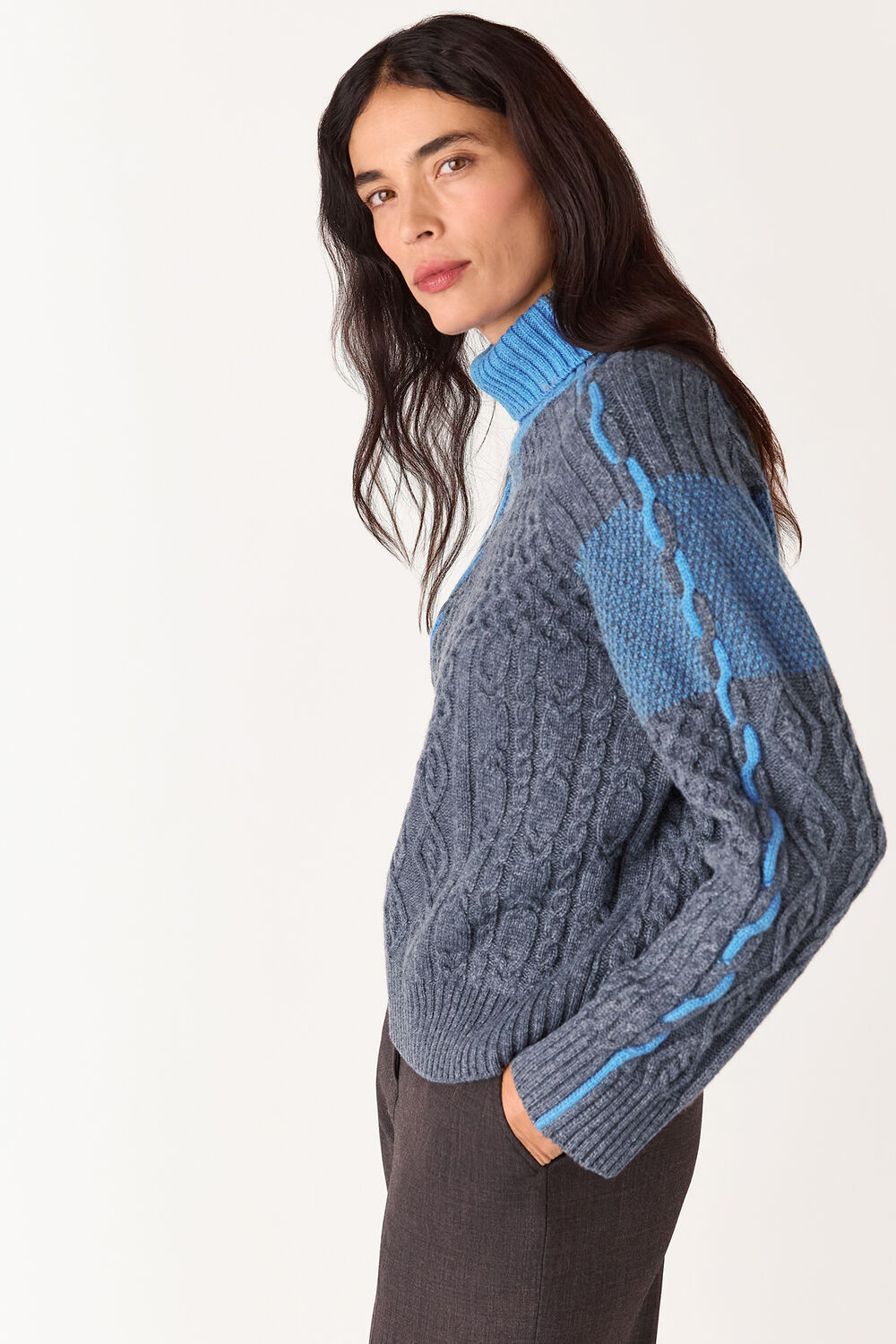Blue Patchwork Cable Knit Sweater