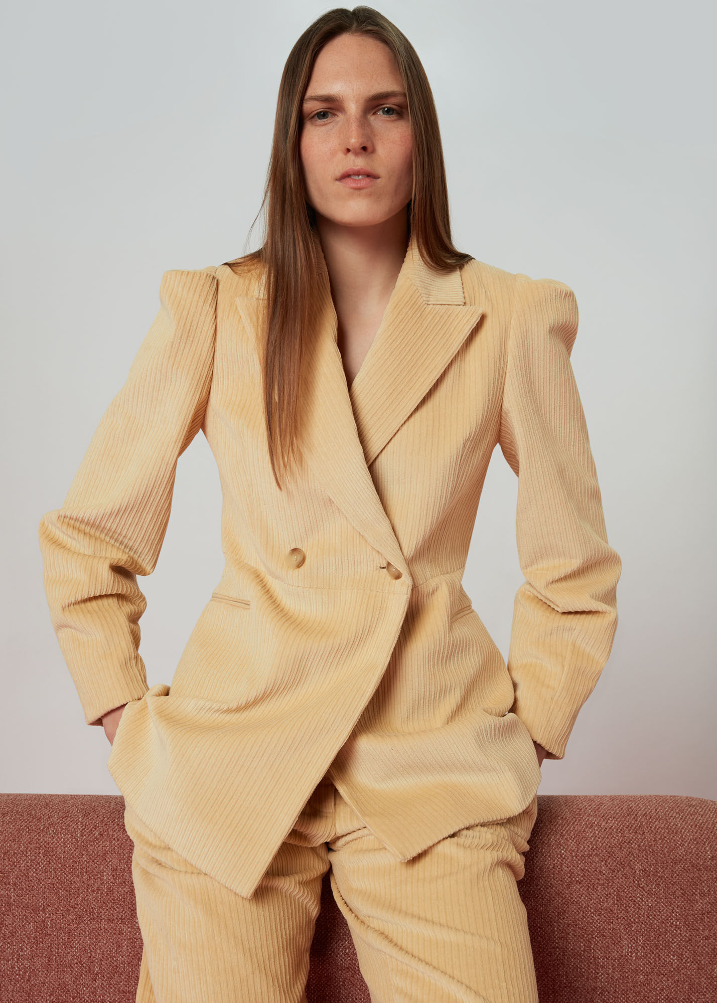 Beige Suki Cord Puff Sleeve Blazer WHISTLES