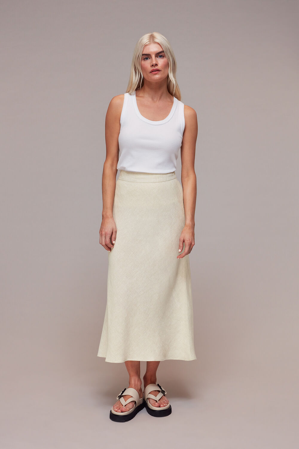 Oatmeal Petite Linen Side Button Skirt