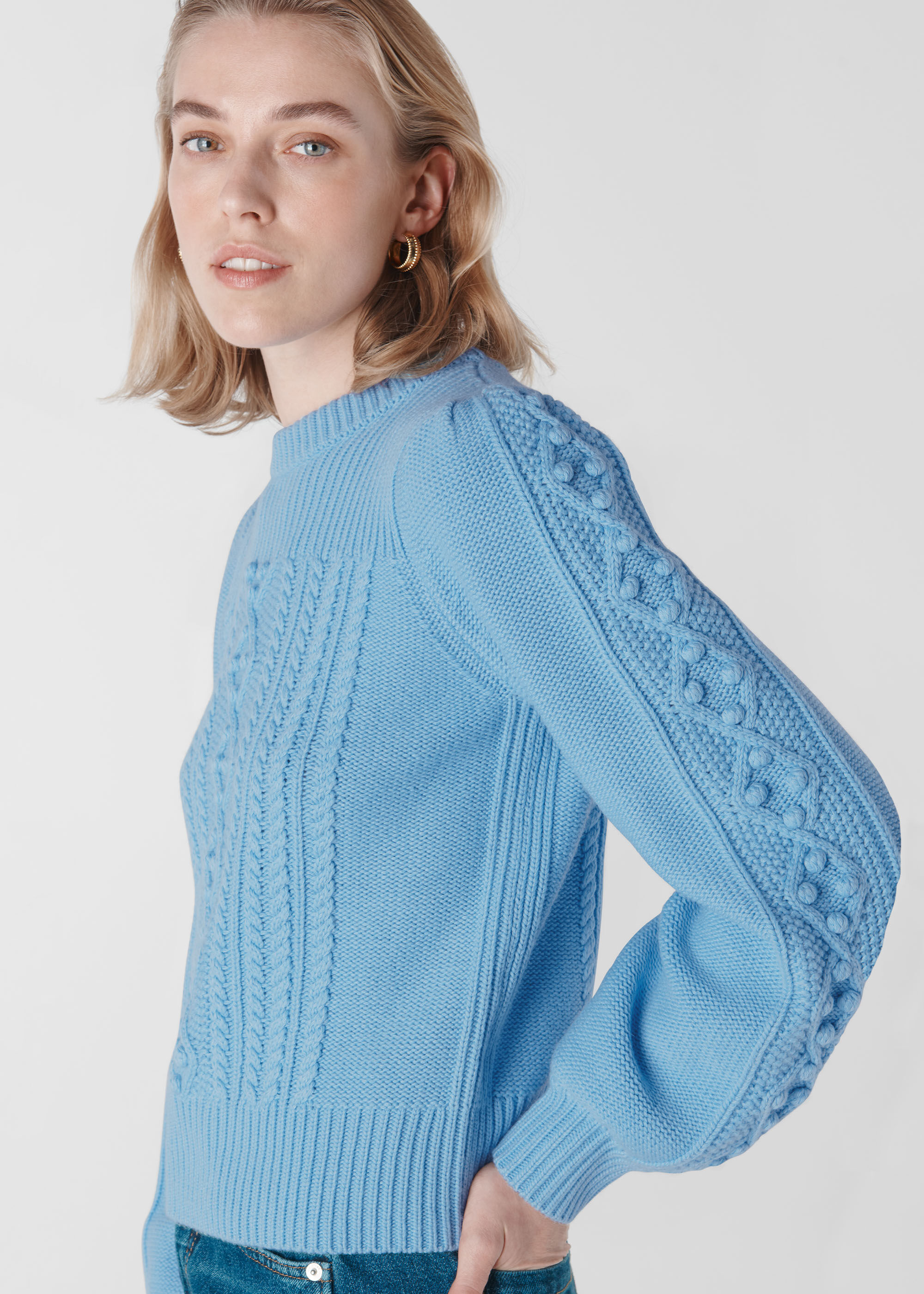 Blue Puff Sleeve Cable Sweater WHISTLES