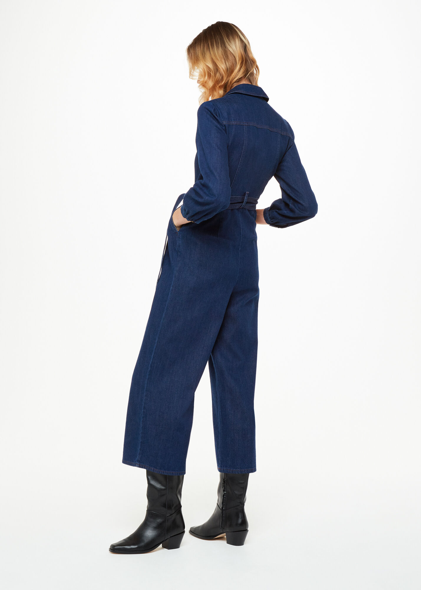 Denim Jumpsuit With Swarovski Detail And Waist Belt main image 1