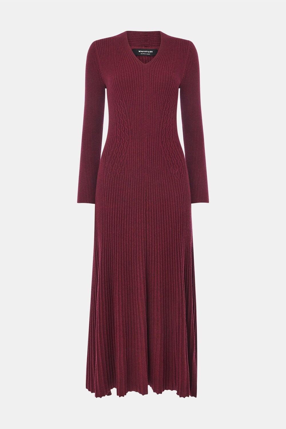 Burgundy V Neck Cable Ribbed Knit Dress